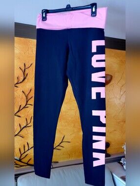 PINK Victoria's Secret Black Leggings with Pink Waistband & Pink Side Logo